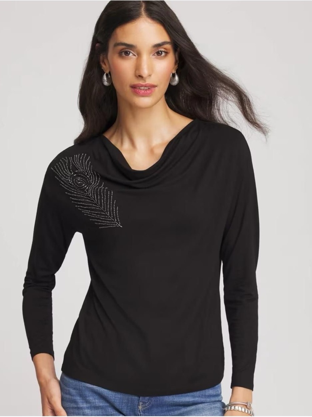 Chico's Black Cowl Neck Dolman Top with Beaded Peacock Feather Embellishment
